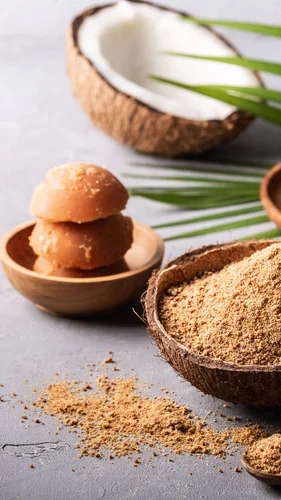 Bowl of fine, natural coconut jaggery powder.